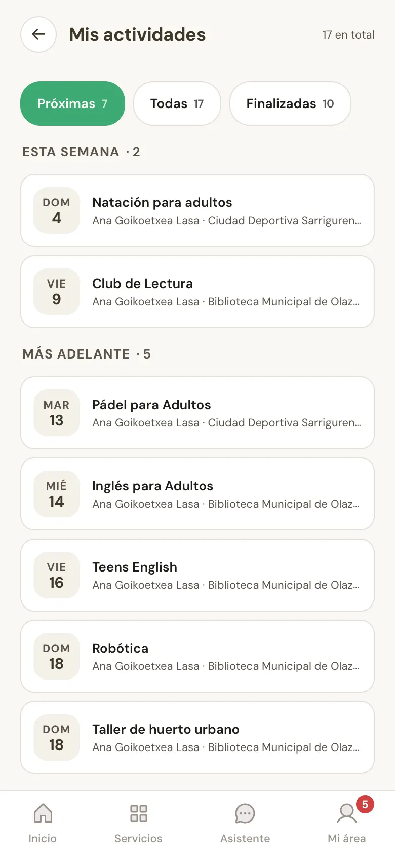 Mis actividades, en Mi área de la app.