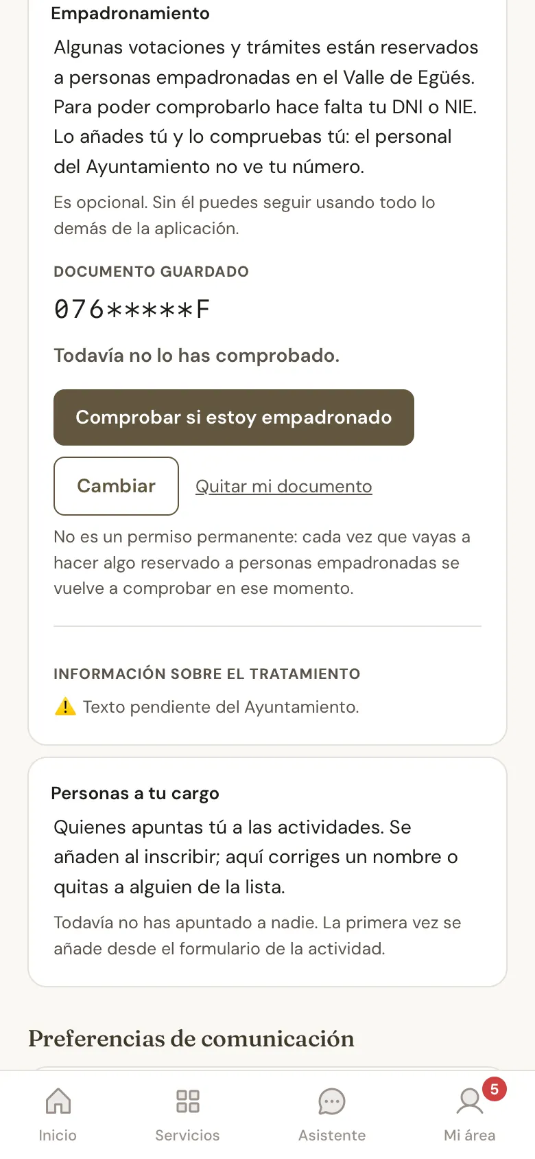 Ajustes de la app, en el apartado Empadronamiento.