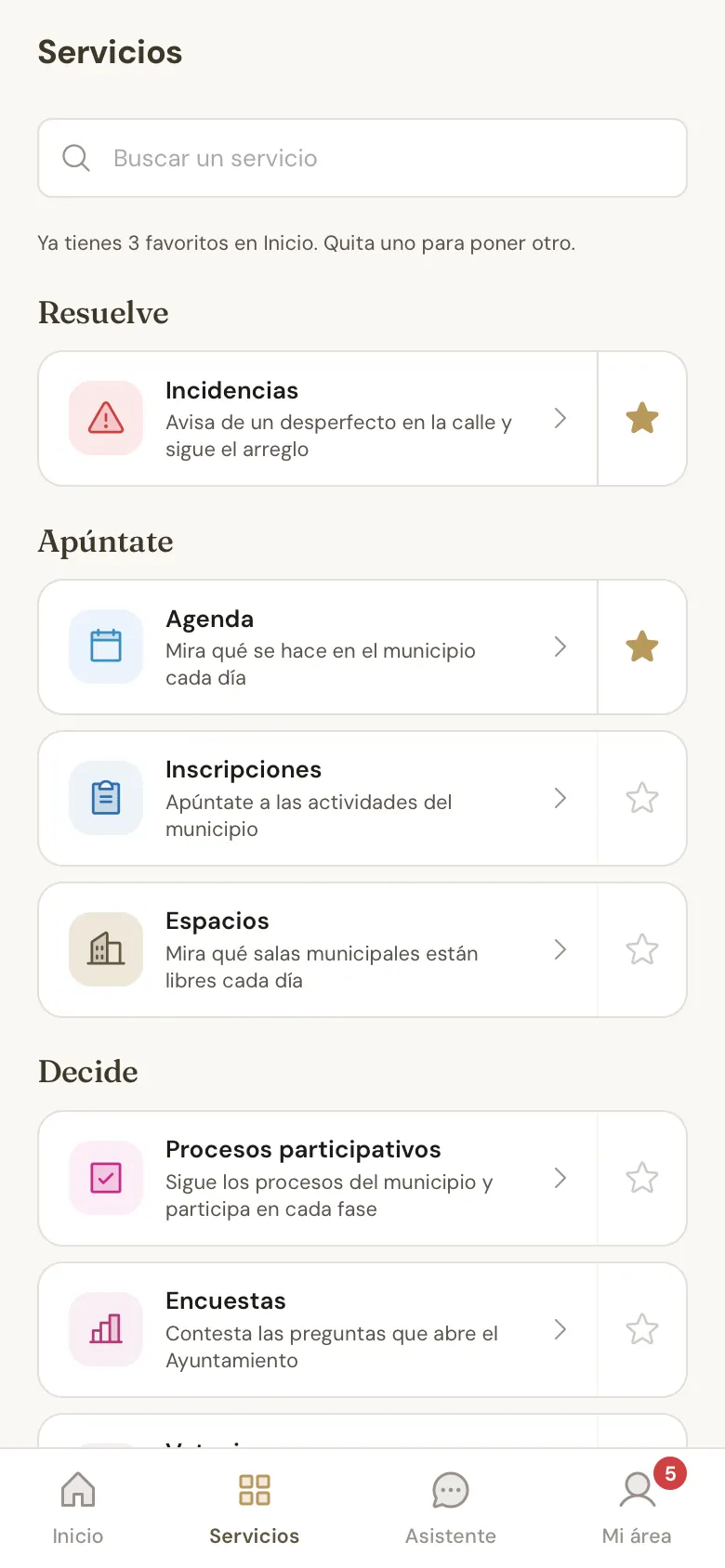 La pantalla Servicios de la app.