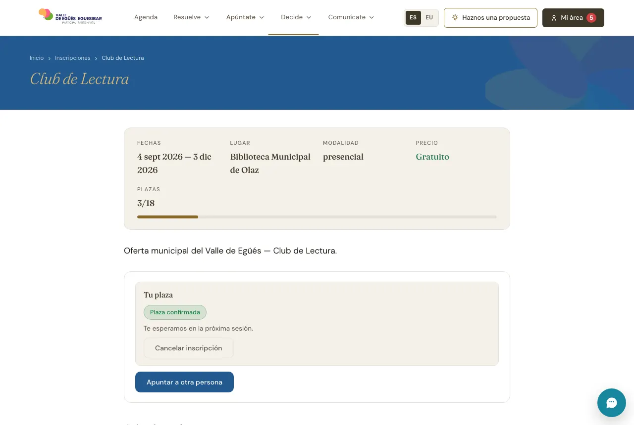 La página de una actividad en el portal, con la plaza confirmada.