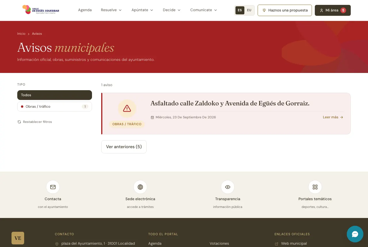 Los avisos del Ayuntamiento en el portal.