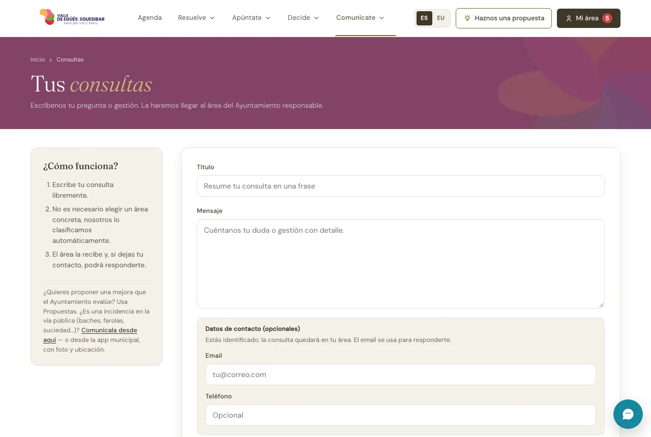 El formulario de consultas del portal.