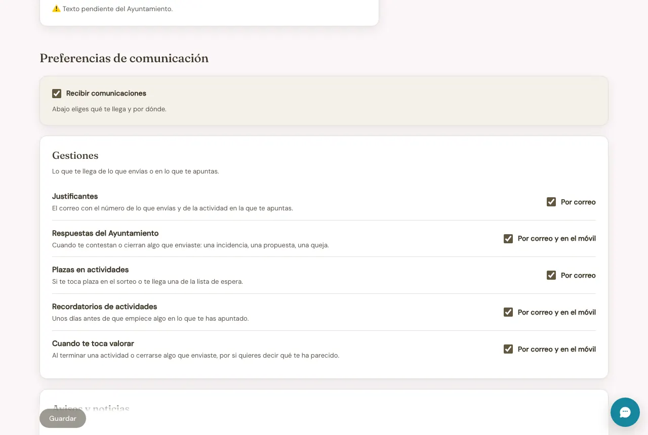 Mi área del portal, en Ajustes: las preferencias de comunicación.