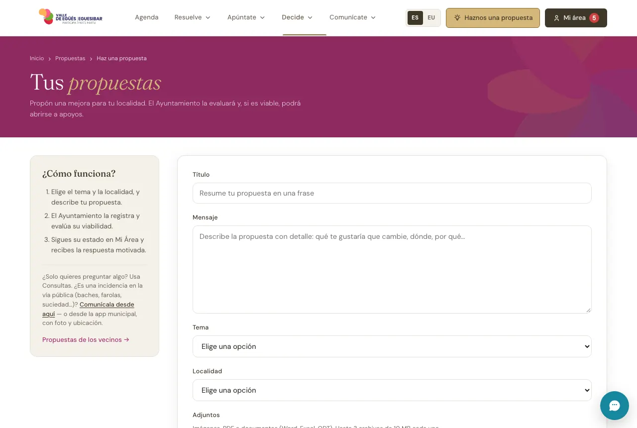 El formulario para hacer una propuesta en el portal.