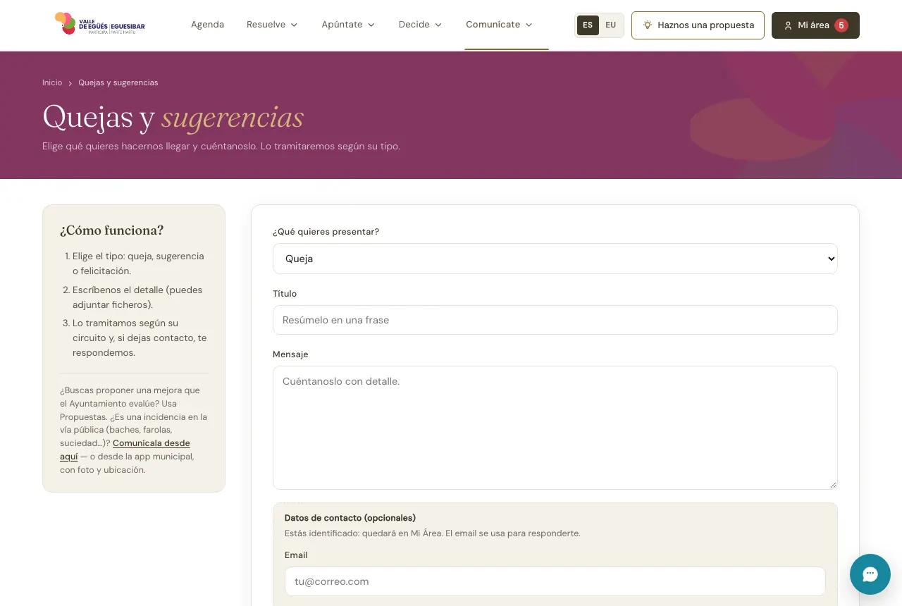 El formulario de quejas y sugerencias del portal, con el tipo arriba.