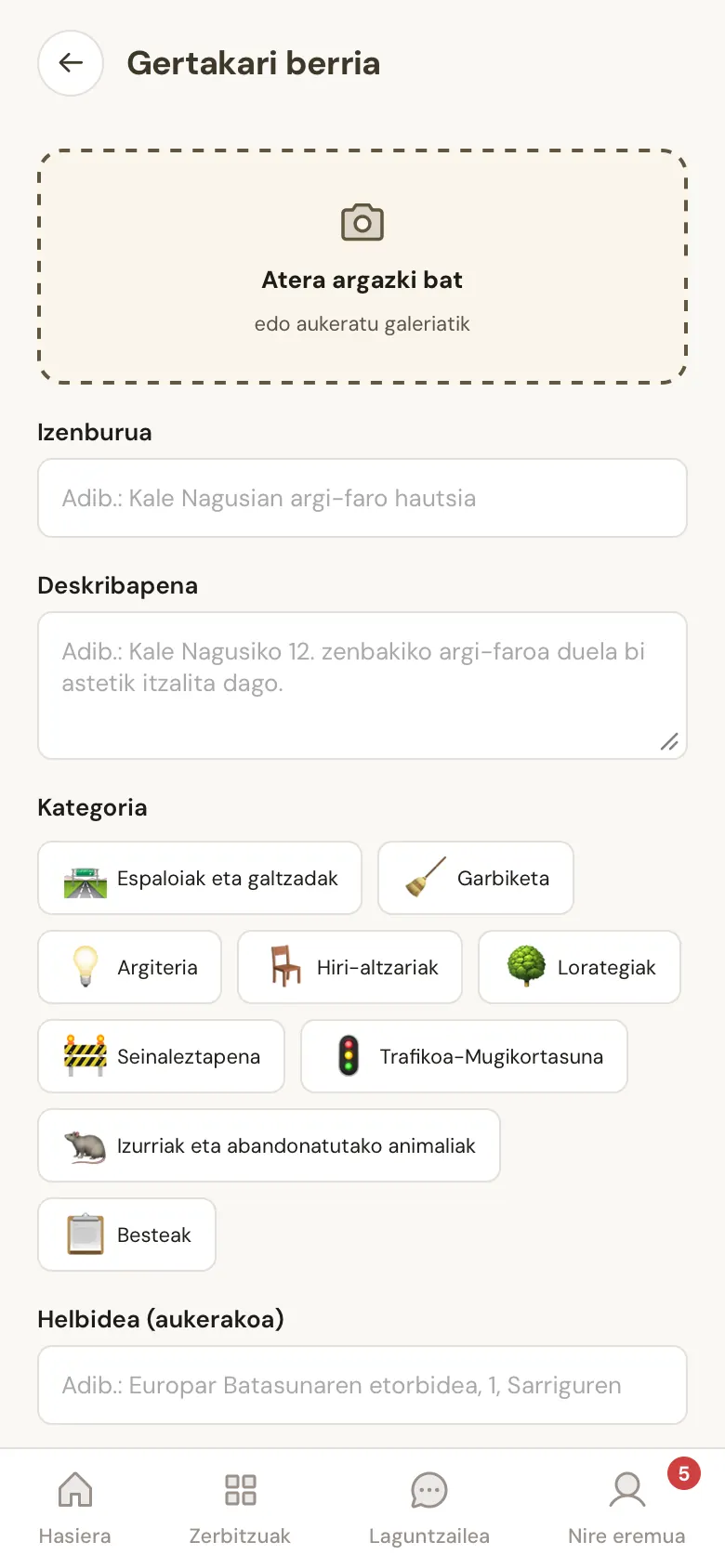 Intzidentzia berri baten pantaila aplikazioan, argazkia goian duela.