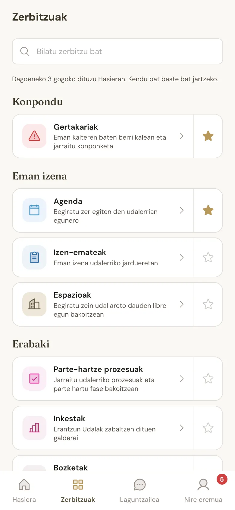Aplikazioaren Zerbitzuak pantaila.