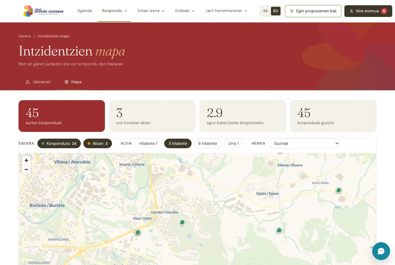 Atariko intzidentzien mapa, konpondutakoarekin eta bidean dagoenarekin.