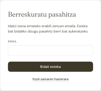 Pasahitza berreskuratzeko pantaila.