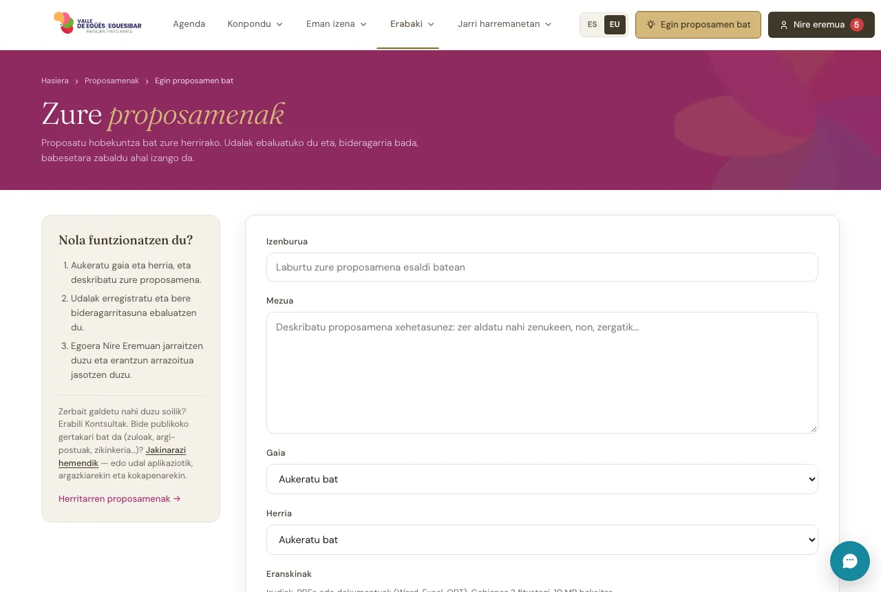 Atarian proposamen bat egiteko formularioa.