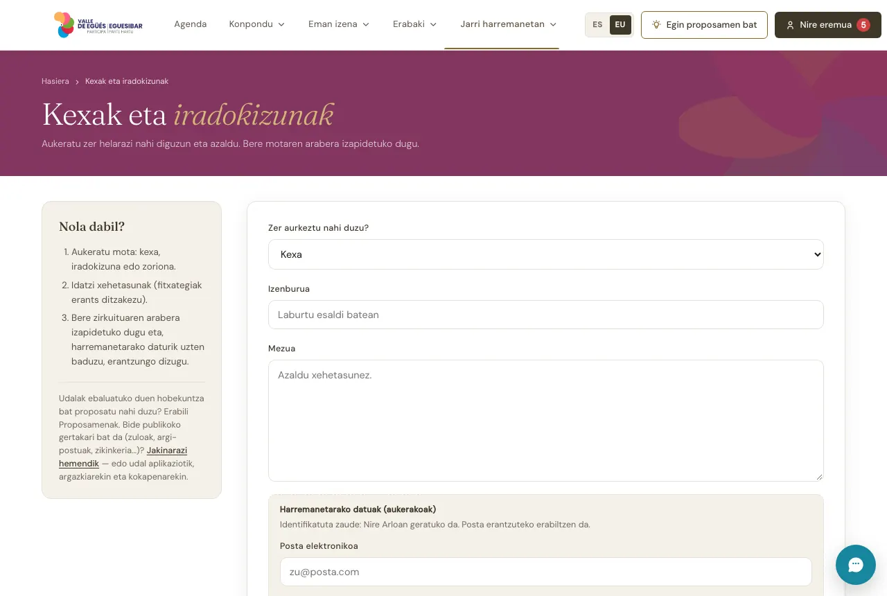Atariko kexen eta iradokizunen formularioa, mota goian duela.