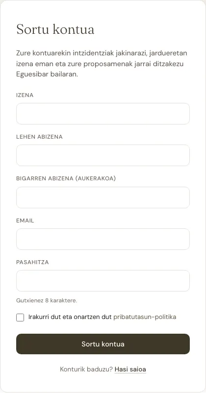 Atarian kontu bat sortzeko formularioa.